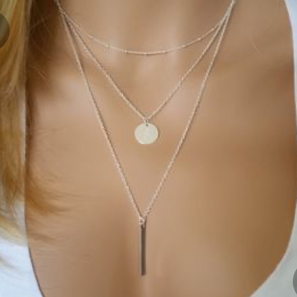 Silver Multi Layer Bar and Circle Necklace - Picture 4 of 5